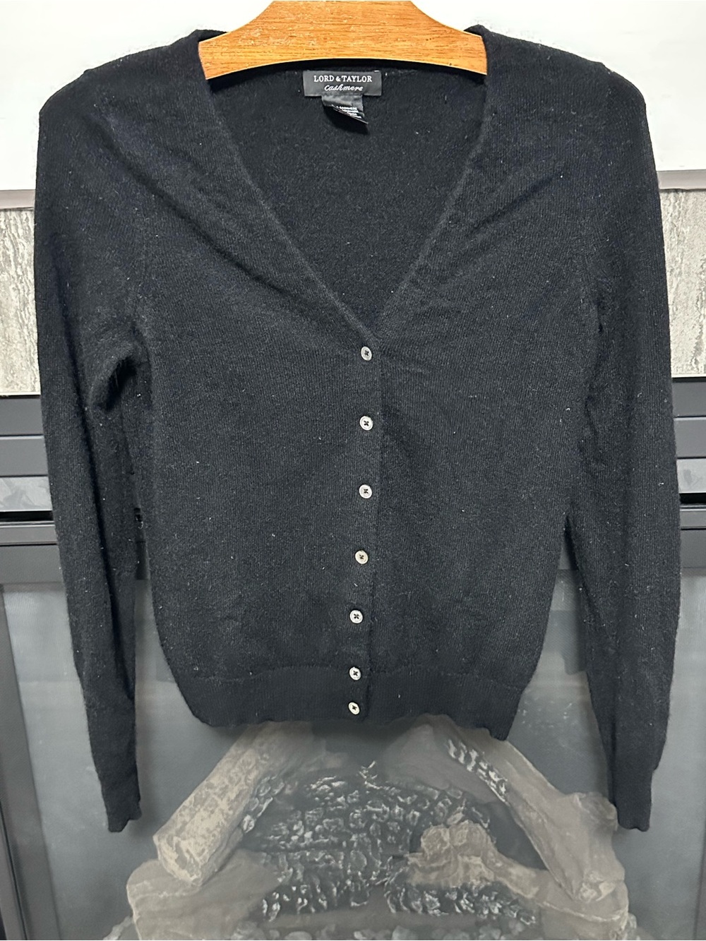 100% Cashmere Lord & Taylor Black V-Neck Button-Front Cardigan